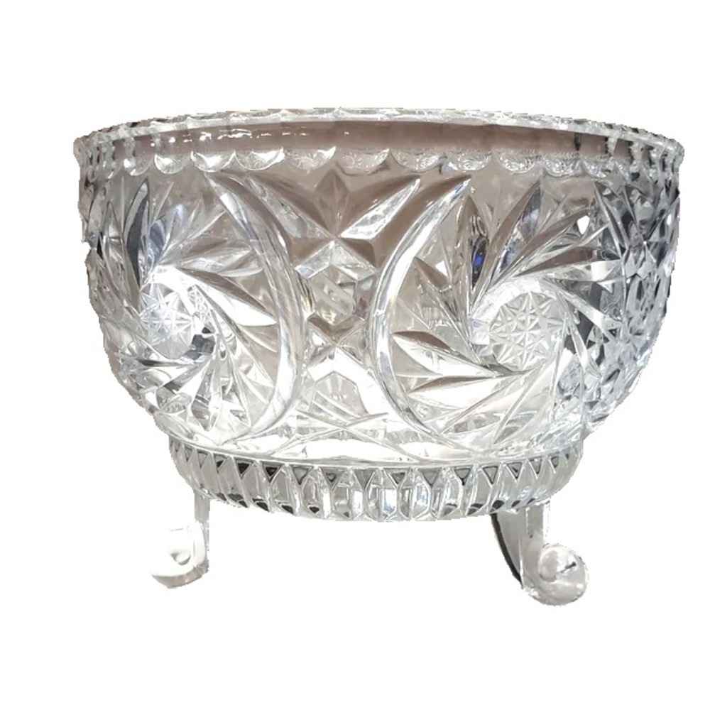 Bohemian Czech Crystal 3-Toed Centerpiece Bowl Pinwheel Vintage